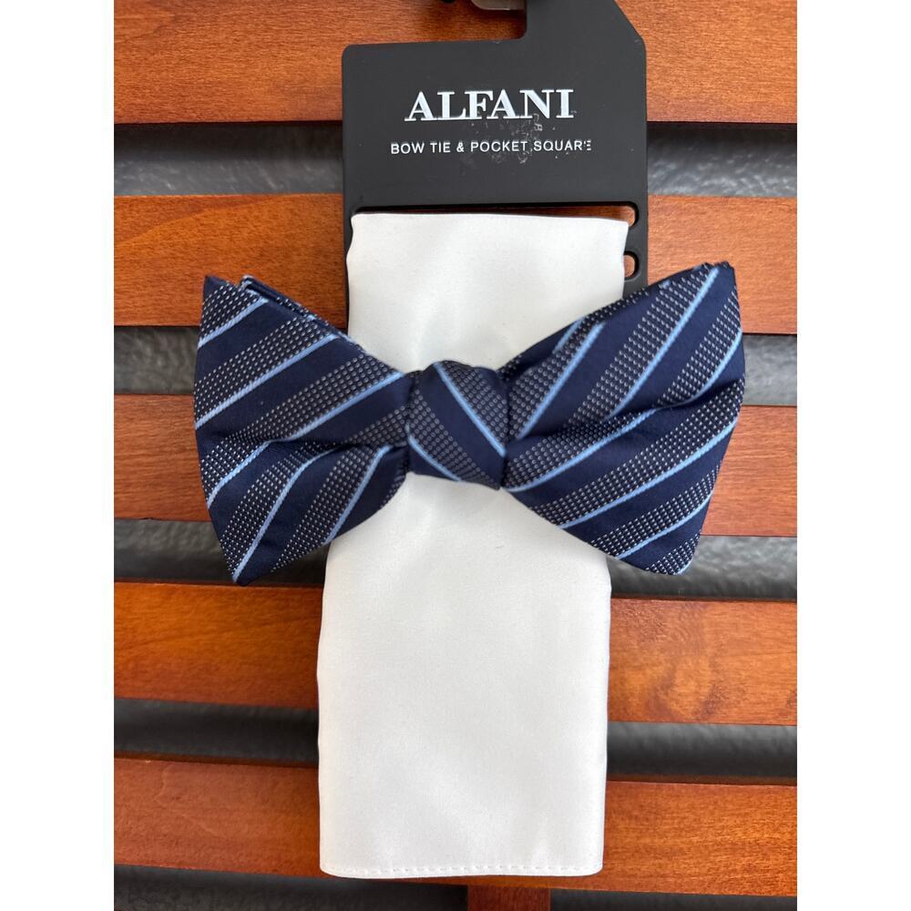 Alfani Bow Tie & Pocket Square  NWT Multi Blue Stripes Bow Tie White Sq. NWT